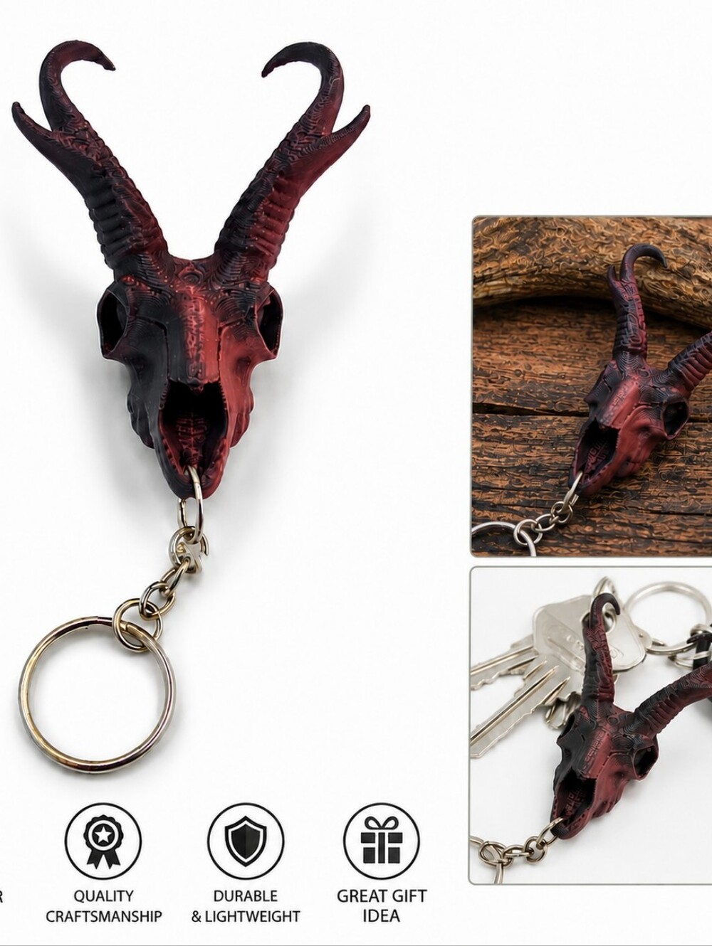 Red Black Antelope Skull Keychain 3D Printed Horned Animal Gothic Oddity 3.5"